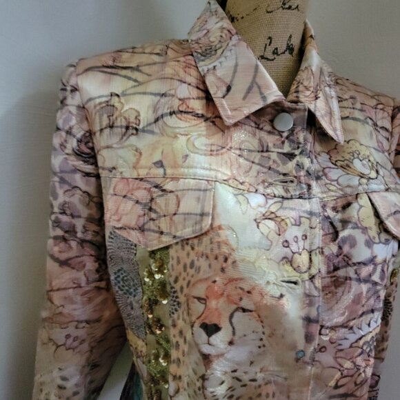 Boho Chic Size 8 Jacket Tan Brown Silk Sequin Jacket Lined Cheetah - Picture 2 of 12